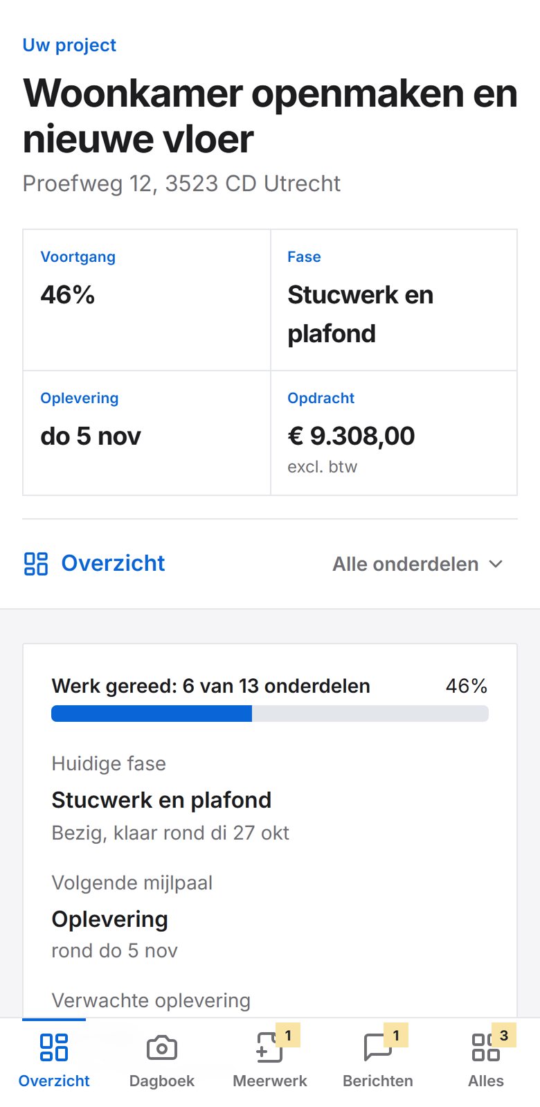Het project zoals de klant het op de telefoon ziet