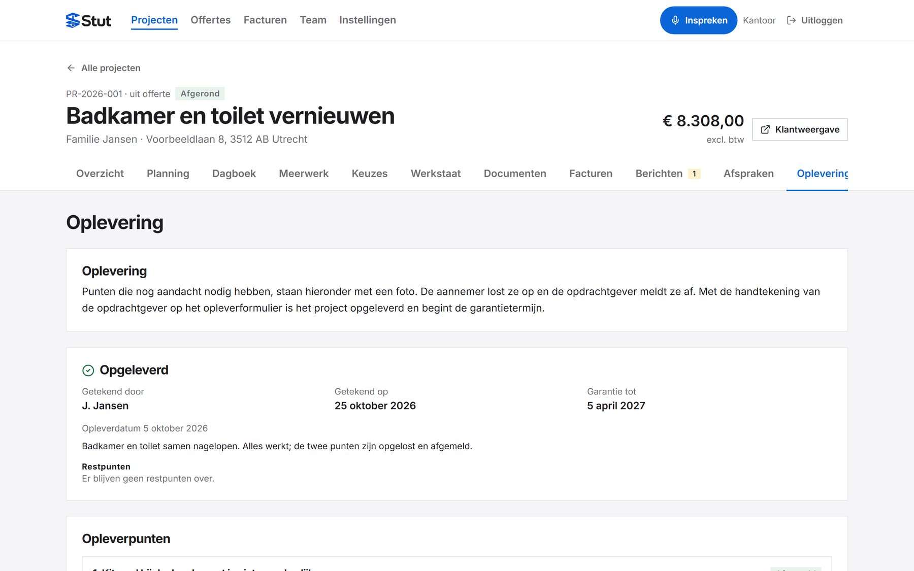 Oplevering in Stut: getekend opleverformulier en garantietermijn