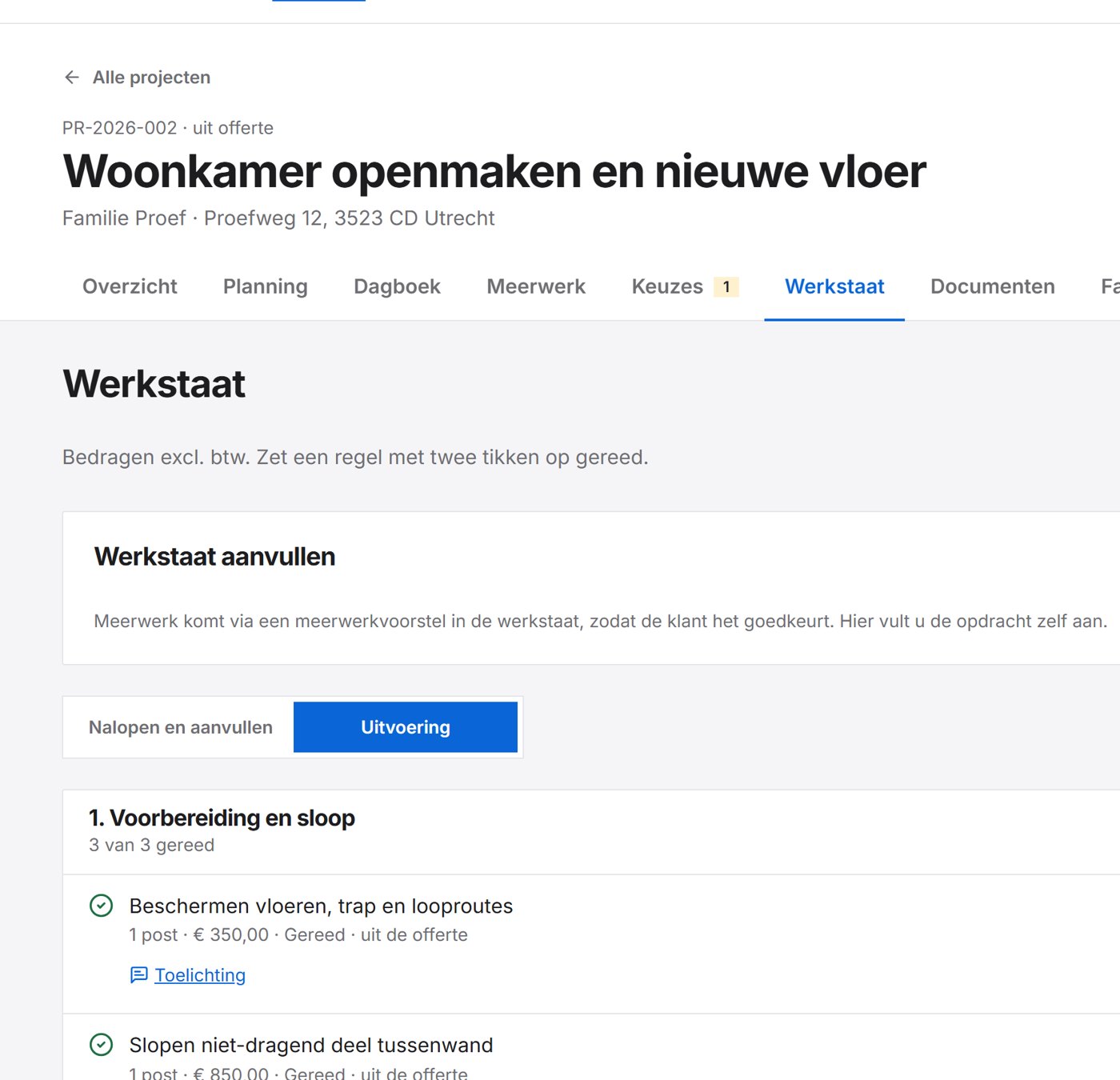 De werkstaat per hoofdstuk met status per regel